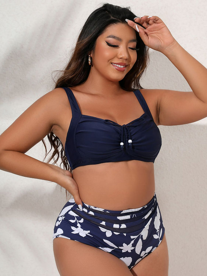 Full Size Printed Gathered Detail Bikini Set