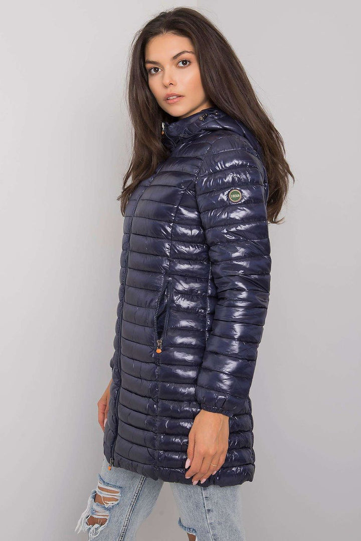 Mid-Length Quilted Jacket with Hood Navy Blue