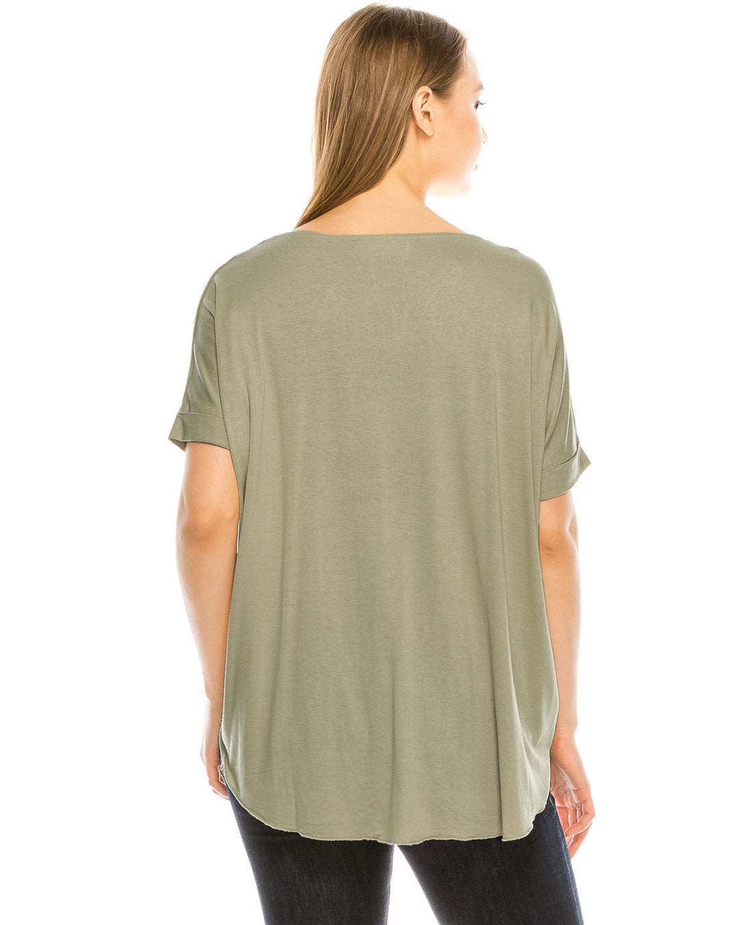 Olive Surplice V-Neck Top Roll Up Casual Blouse