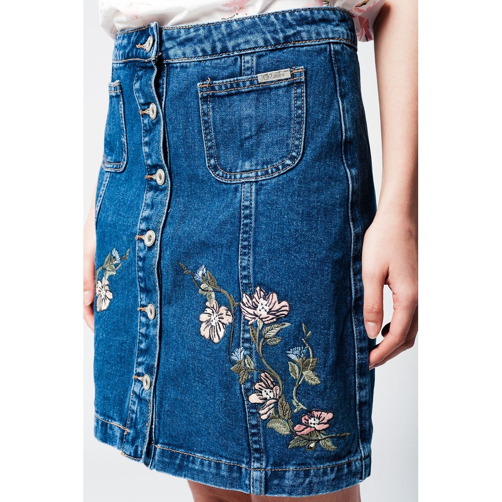 Denim Skirt with Flower Embroidery and Front Buttons