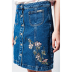 Denim Skirt with Flower Embroidery and Front Buttons