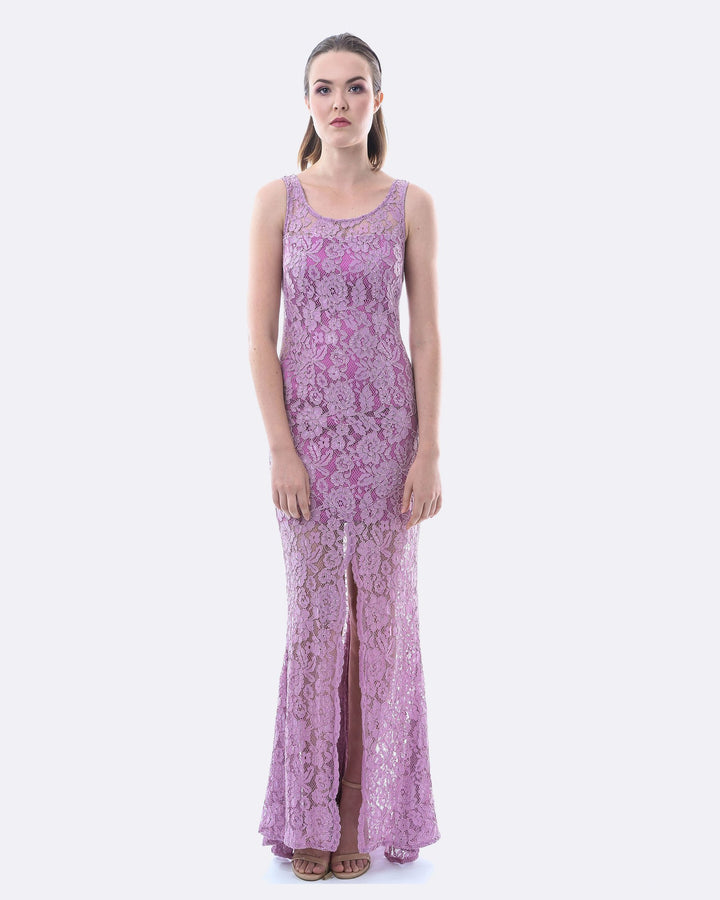 Lace Evening Cocktai Dress with Split Lavender