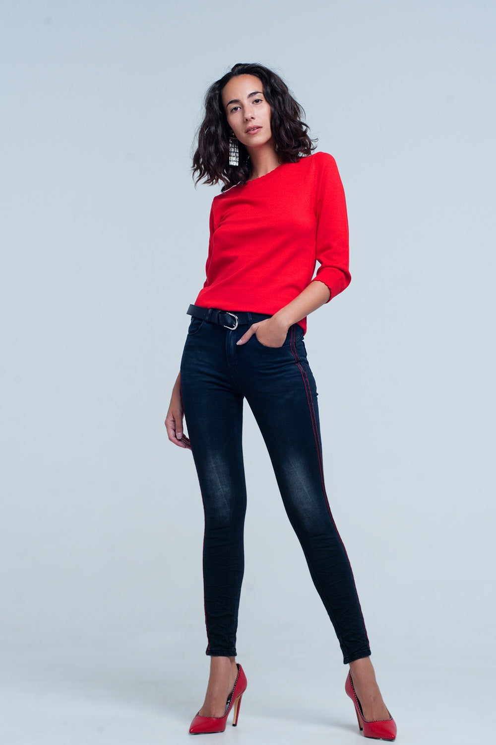 Black Skinny Leg Jeans with Side Stripe by Q2