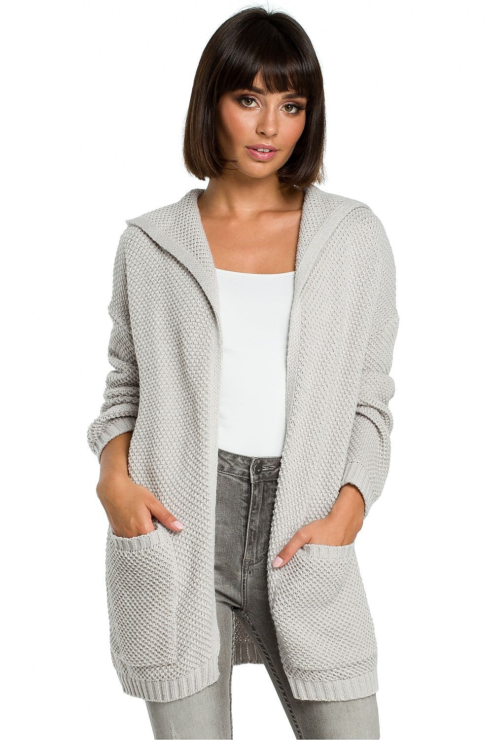 Hooded Cardigan with Pockets in Light Grey