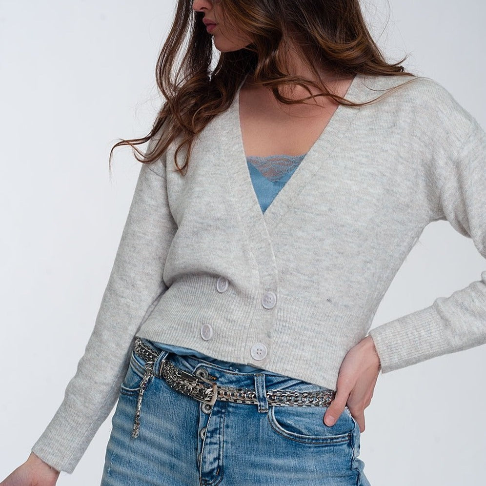 Button Front Cropped Knit Cardigan in Light Gray