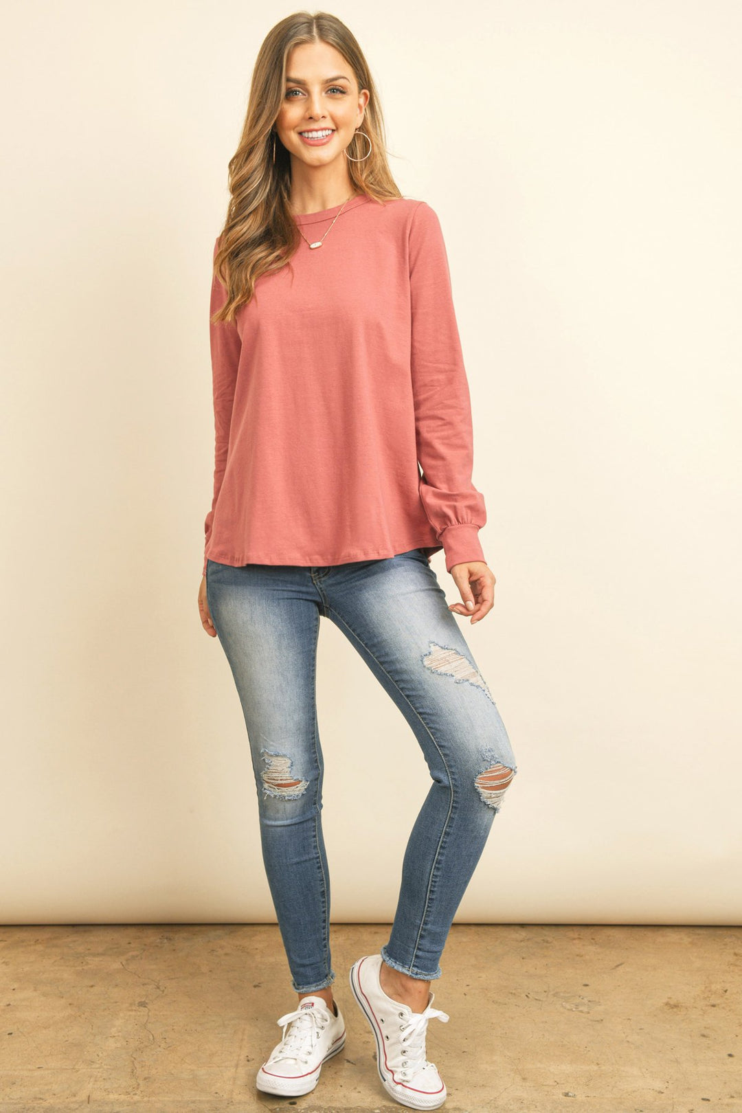 Long Sleeve Round Neck Solid Top