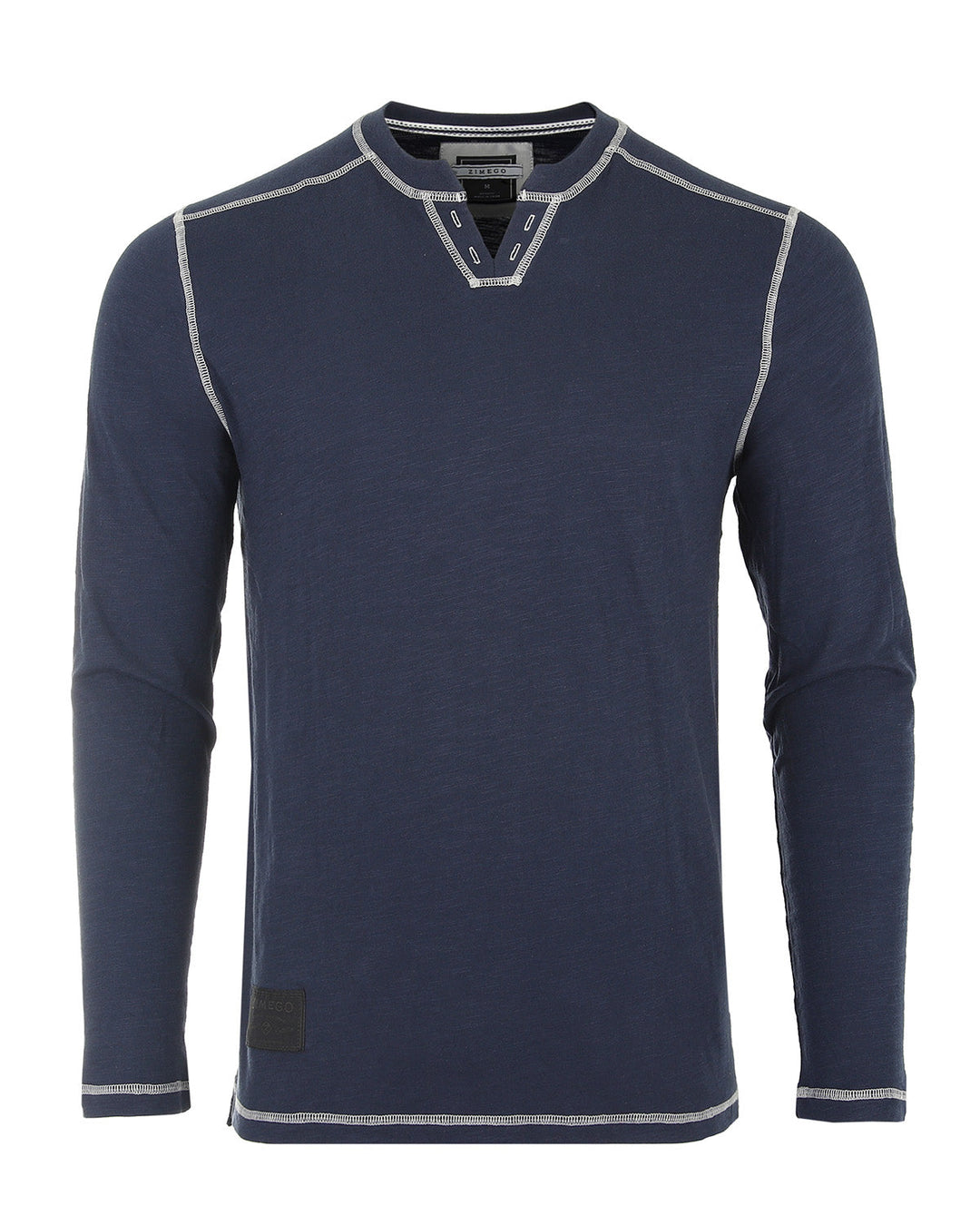 Dark Blue Vintage Long Sleeve Notch V-Neck Henley Casual Shirt