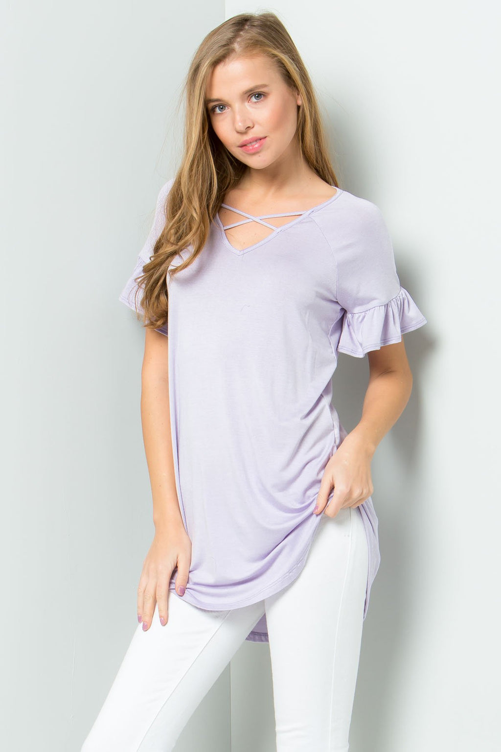 Ruffle Sleeve Criss Cross Tunic