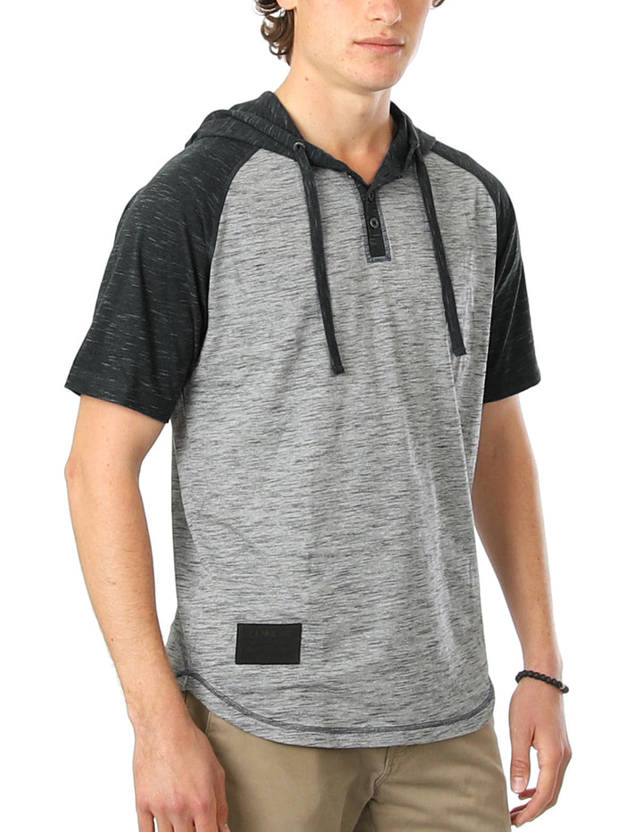 Short Sleeve Raglan Henley Hoodie Round Bottom Semi Longline T-Shirt