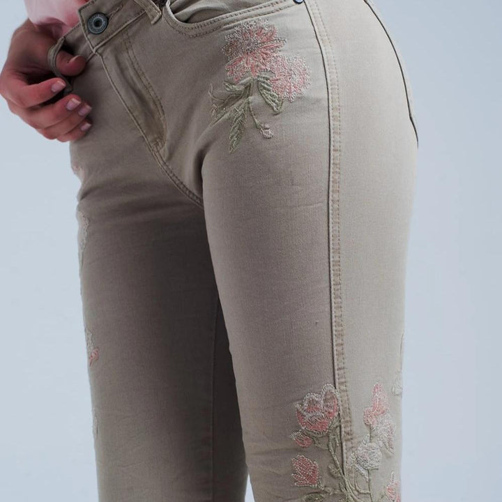 Beige Jeans With Floral Embroidery