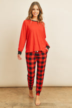 Solid Top and Plaid Joggers Set with Self Tie