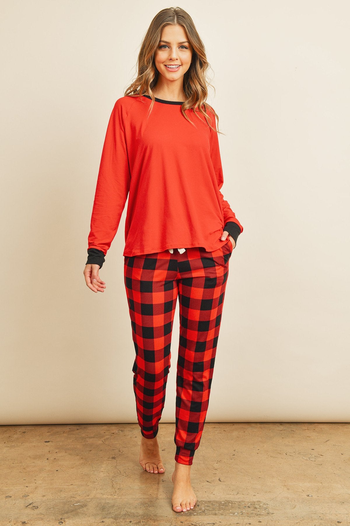 Solid Top and Plaid Joggers Set with Self Tie