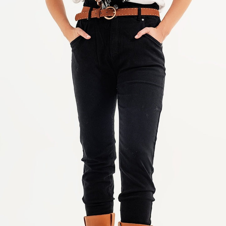 Stretch Paperbag Waist Straigh Jeans in Black