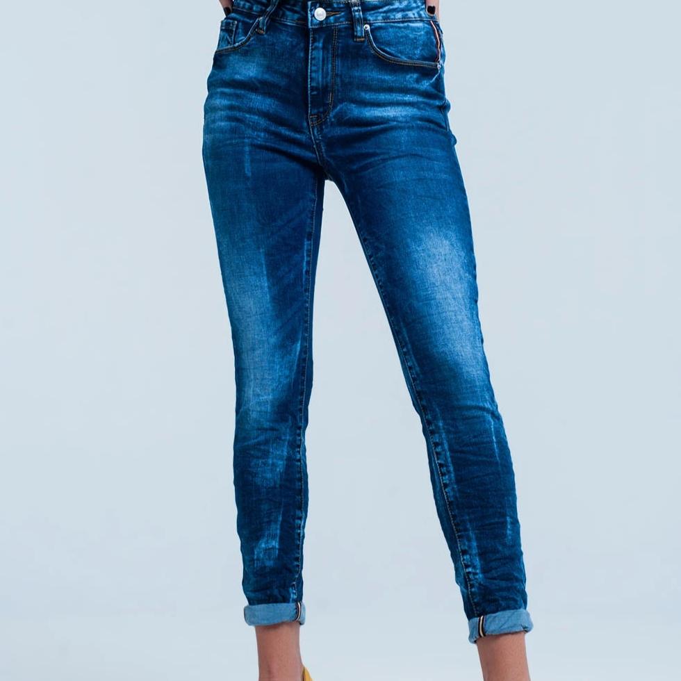 Blue Wrinkled High Waist Skinny Jeans