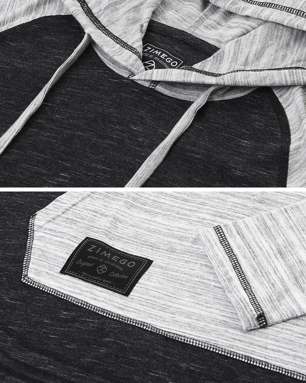 Long Sleeve Raglan Henley Round Bottom Hood T-Shirt Black/Grey
