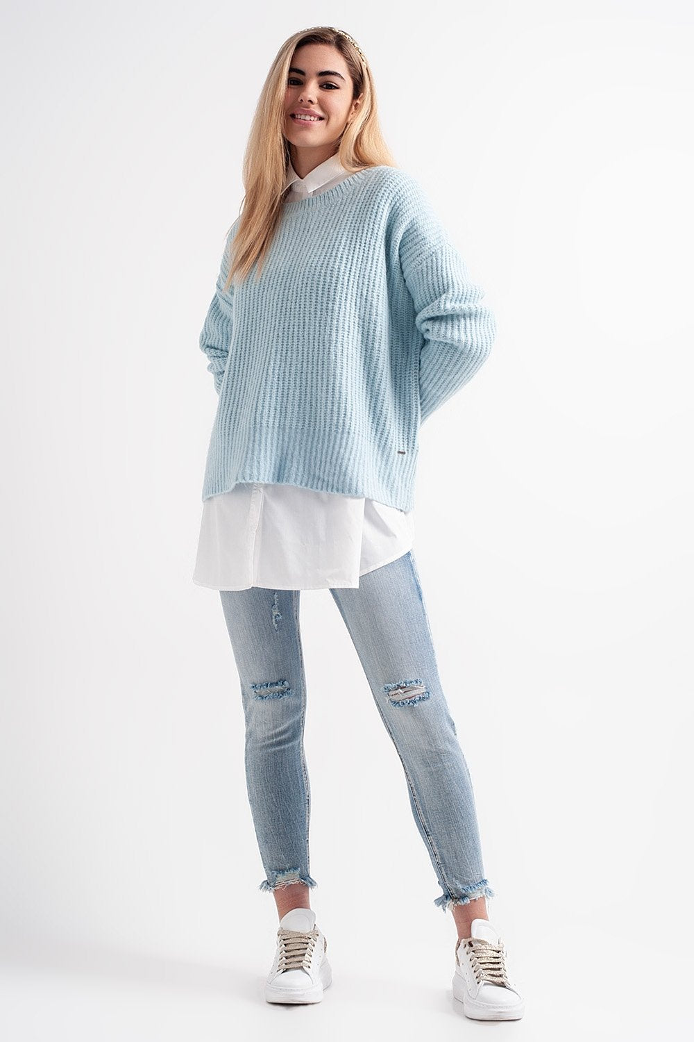 Turquoise Round Neck Boyfriend Sweater