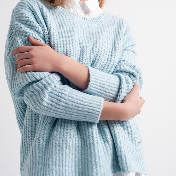 Turquoise Round Neck Boyfriend Sweater