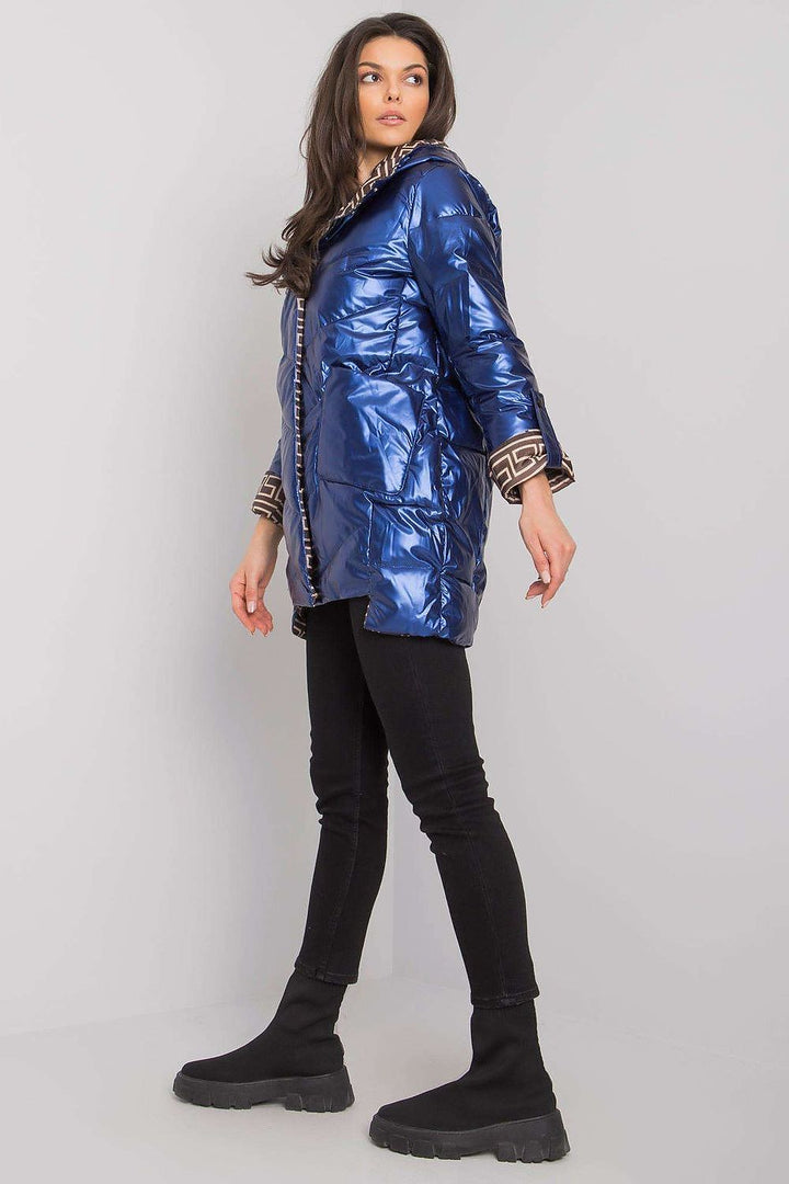 Blue Quilted Warm Jacket Zip-Up Hood