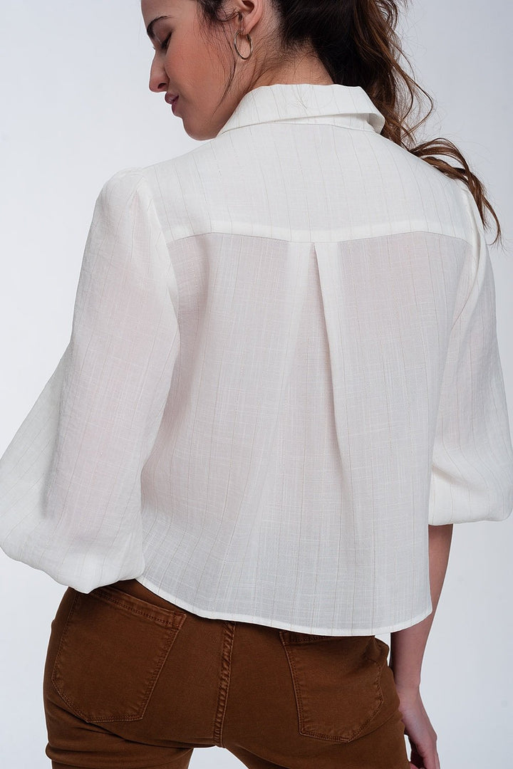 Cropped Blouse Shirt with Puff Sleeve in Cream