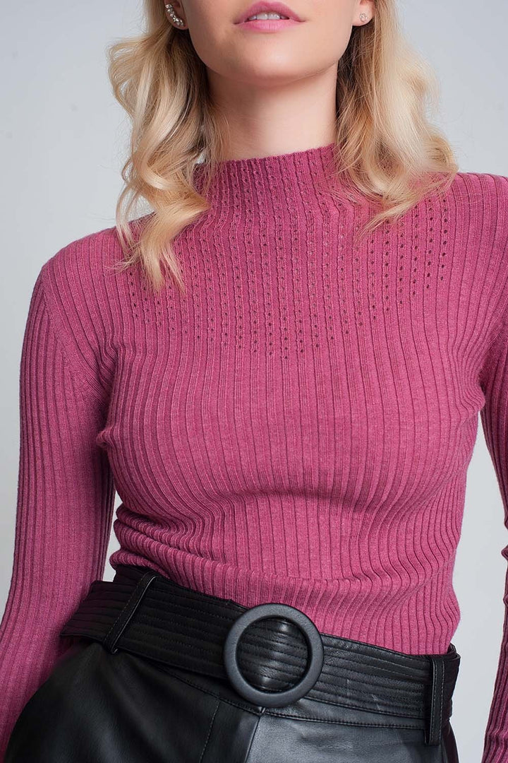 Fine Gauge High Neck Sweater in Fuchsia