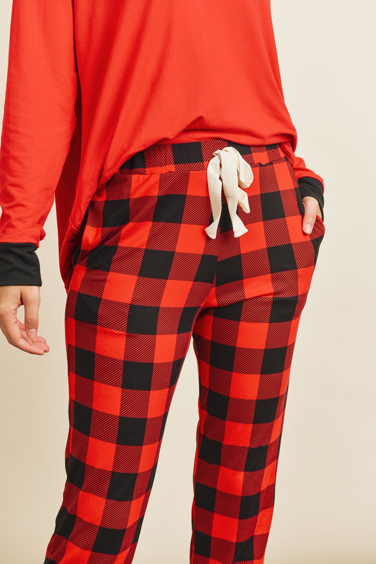 Solid Top and Plaid Joggers Set with Self Tie