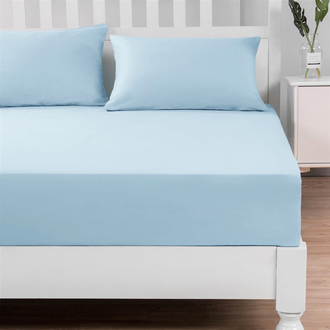 Sea-Foam Baby Blue 100% Cotton Fitted Bed Sheet & Pillow Cases Set