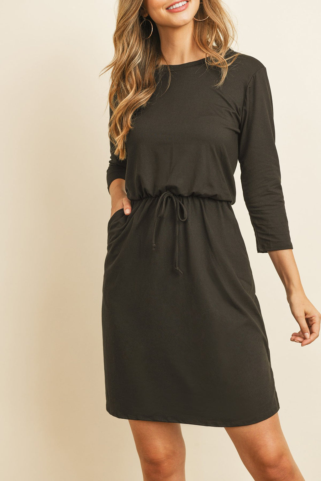 Cinch Waist 3/4 Sleeve Dress