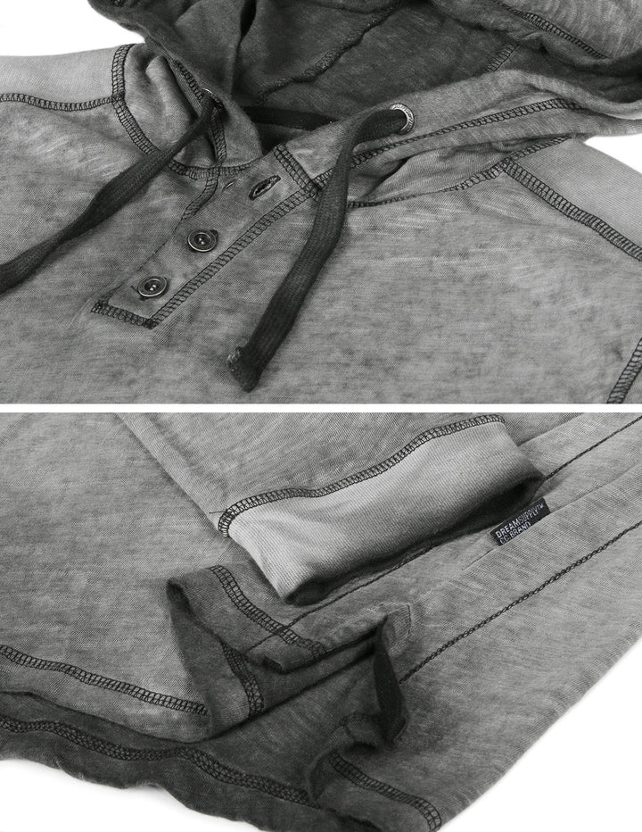 Charcoal Long Sleeve Vintage Oil Wash Garment Dye Hooded Henley
