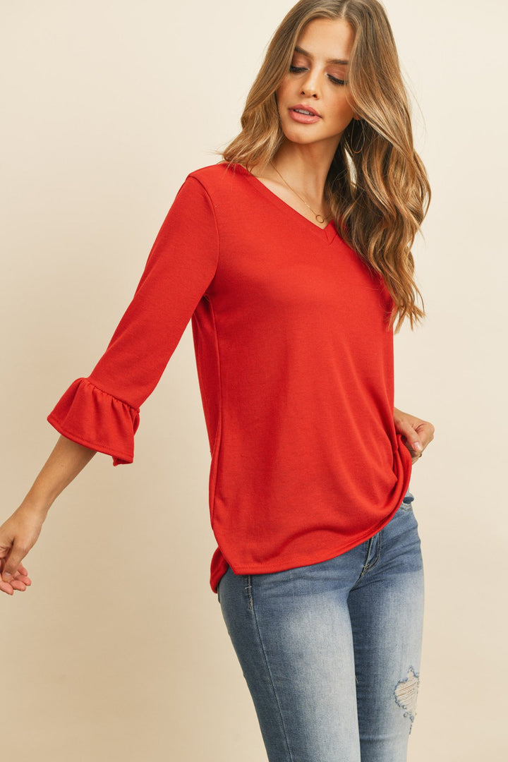 Solid Bell Sleeve V-Neck Top