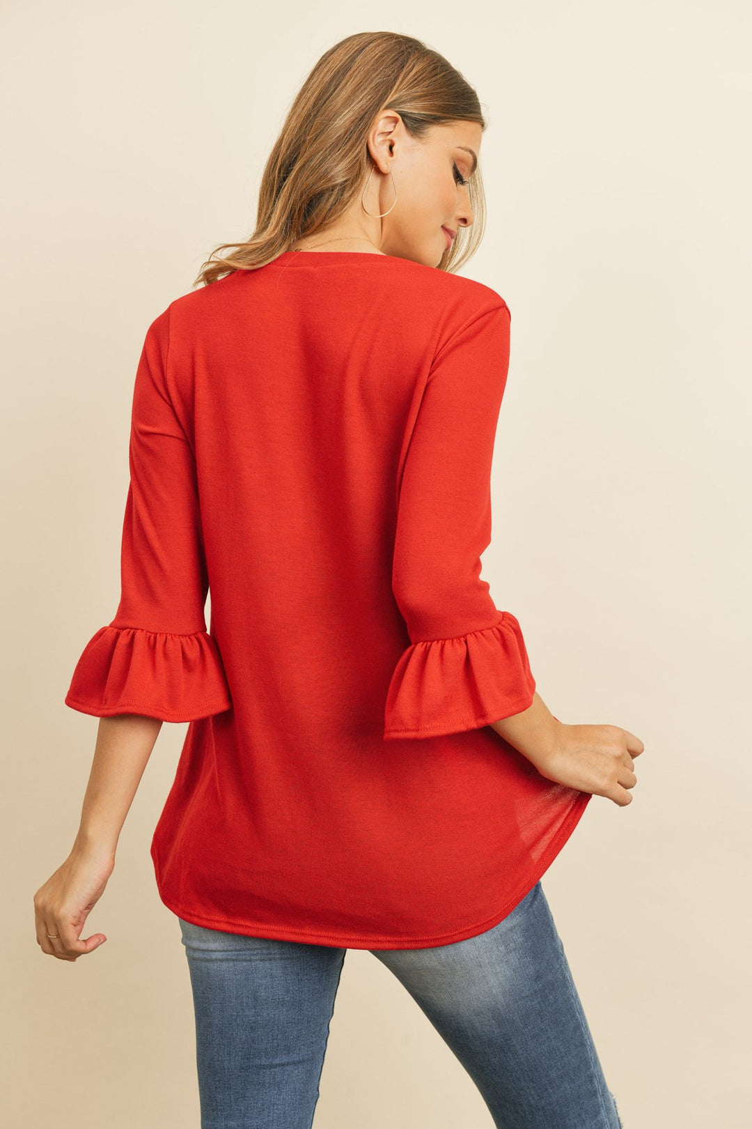 Solid Bell Sleeve V-Neck Top