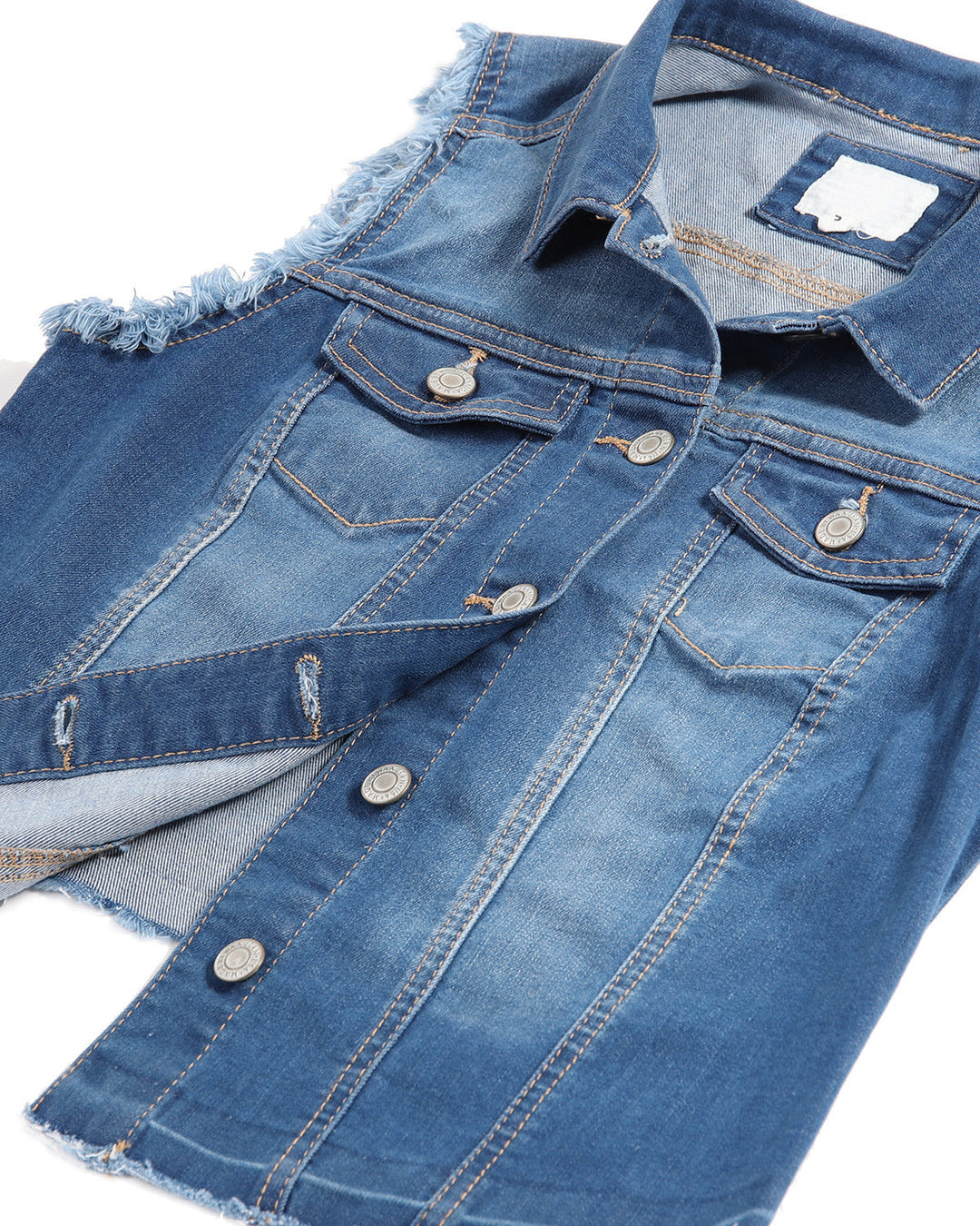 Junior Fit Distressed Denim Vest Button Up Slim Jacket