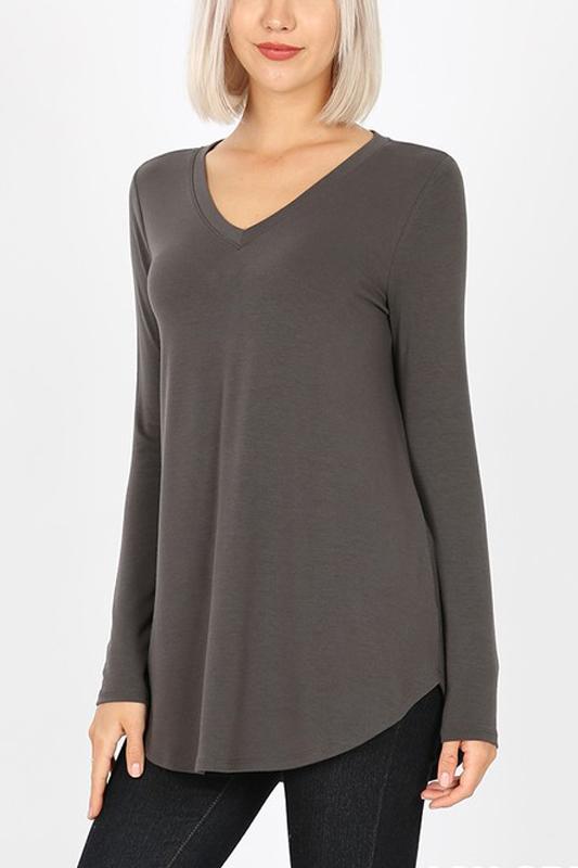 Premium Long Sleeve V-Neck Round Hem Top