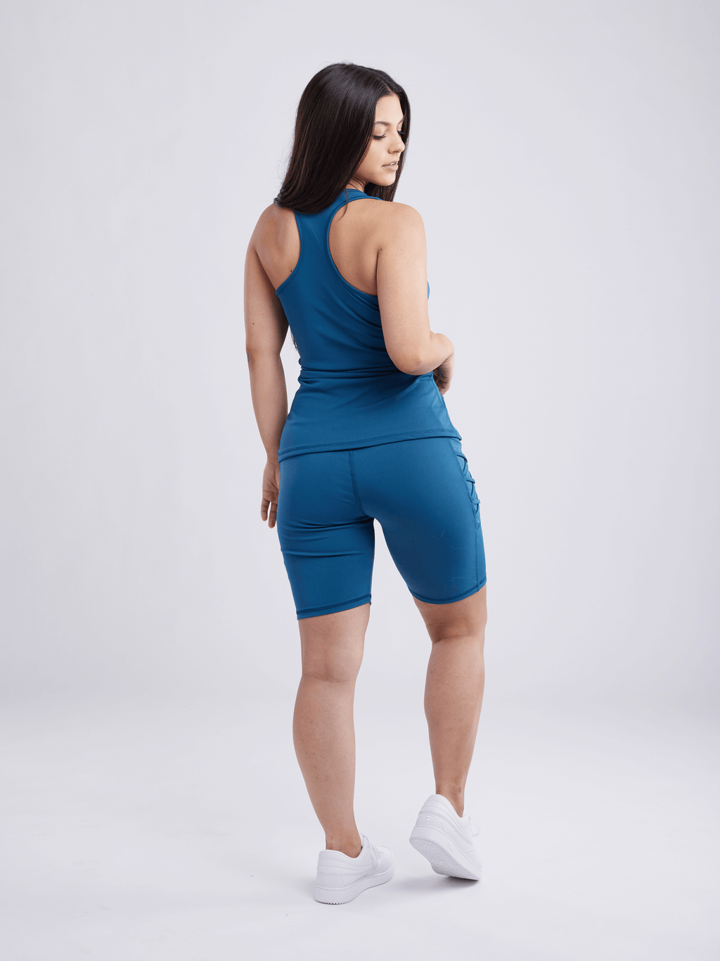 High-Waisted Workout Shorts with Pockets with Criss Cross Design