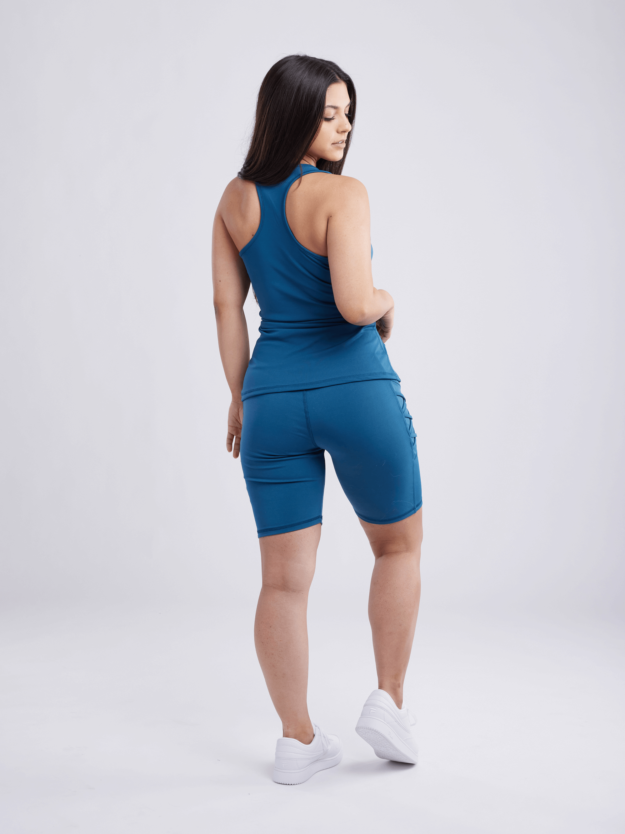 High-Waisted Workout Shorts with Pockets with Criss Cross Design