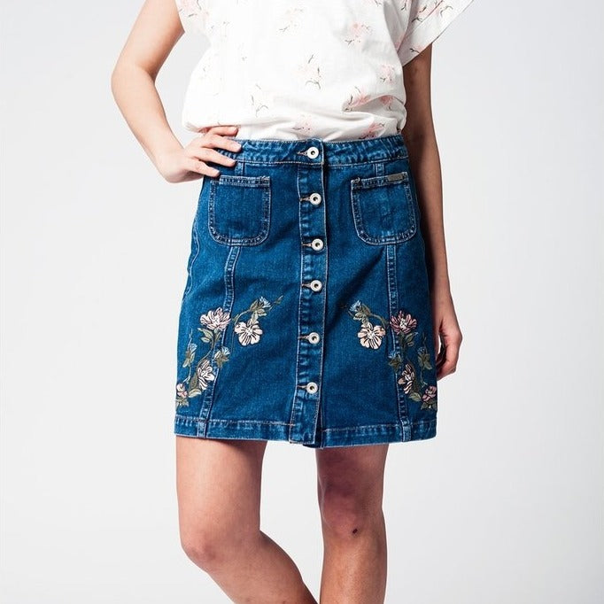 Denim Skirt with Flower Embroidery and Front Buttons