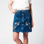 Denim Skirt with Flower Embroidery and Front Buttons