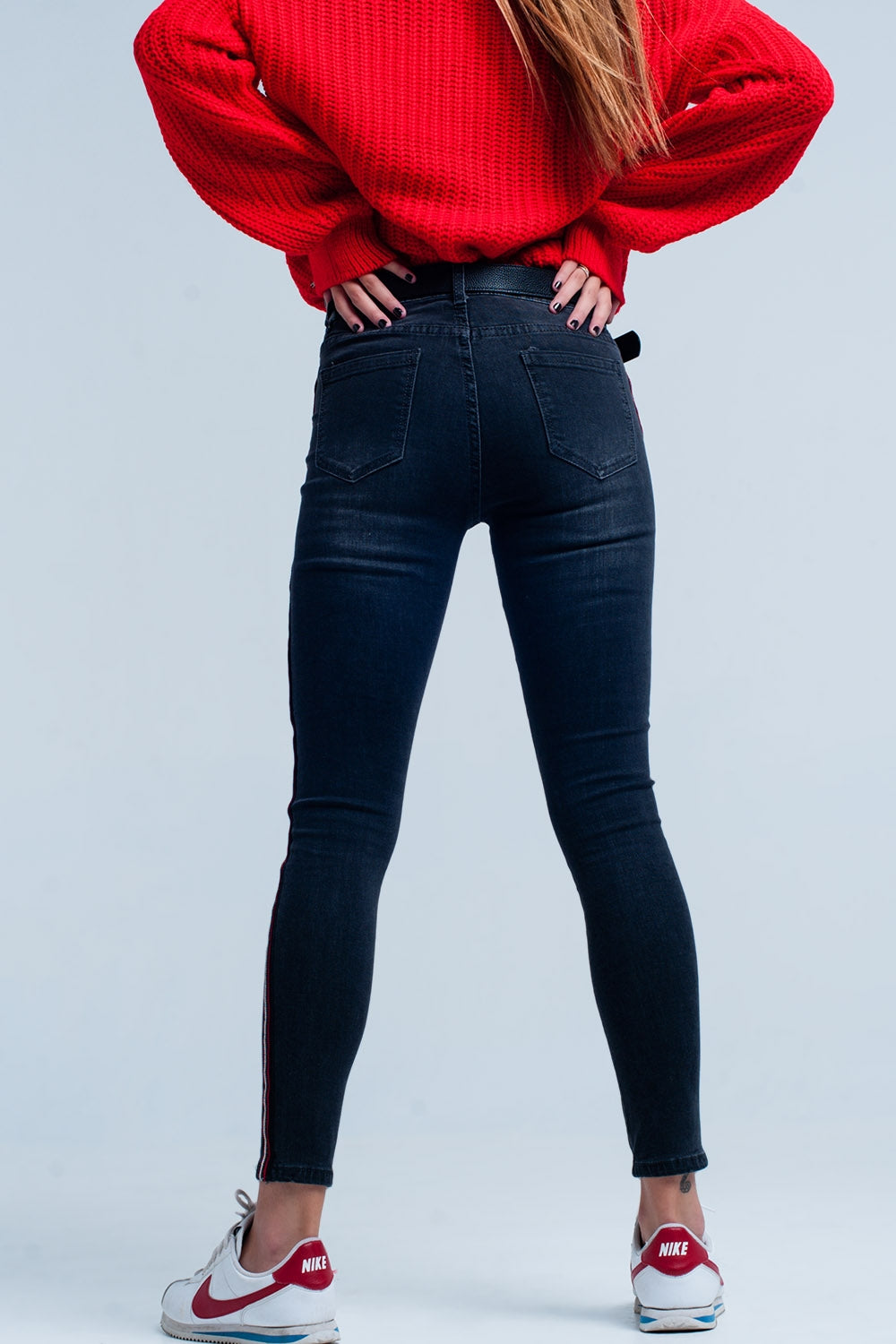 Black Skinny Jeans with Red Side Stripe