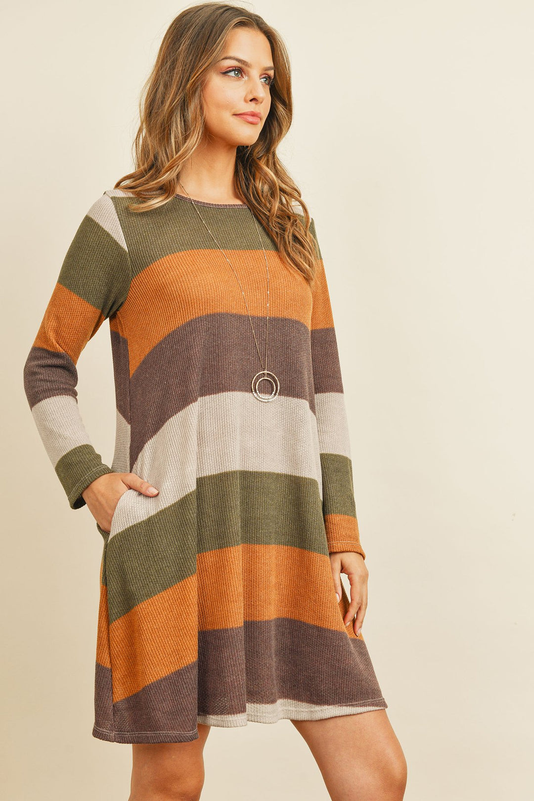 Long Sleeved Rib Stripe Pocket Dress