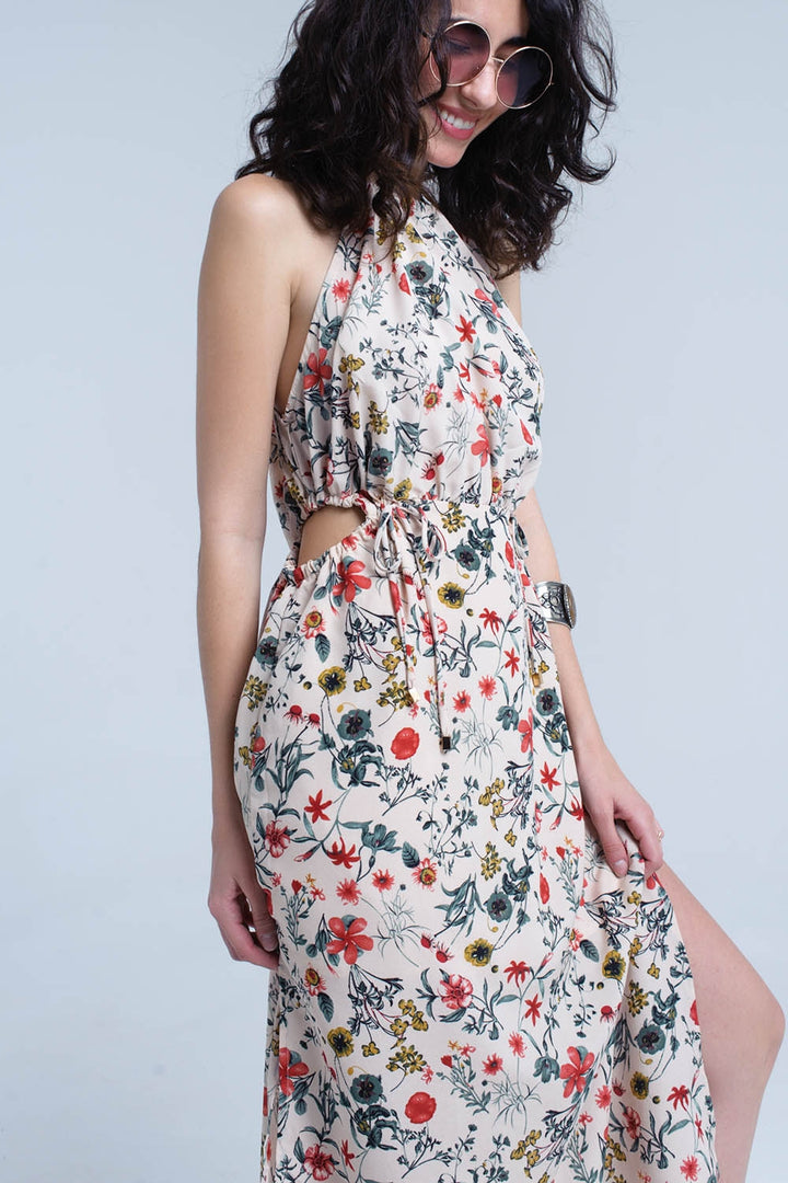 Beige Floral High Neck Cut Out Midi Dress