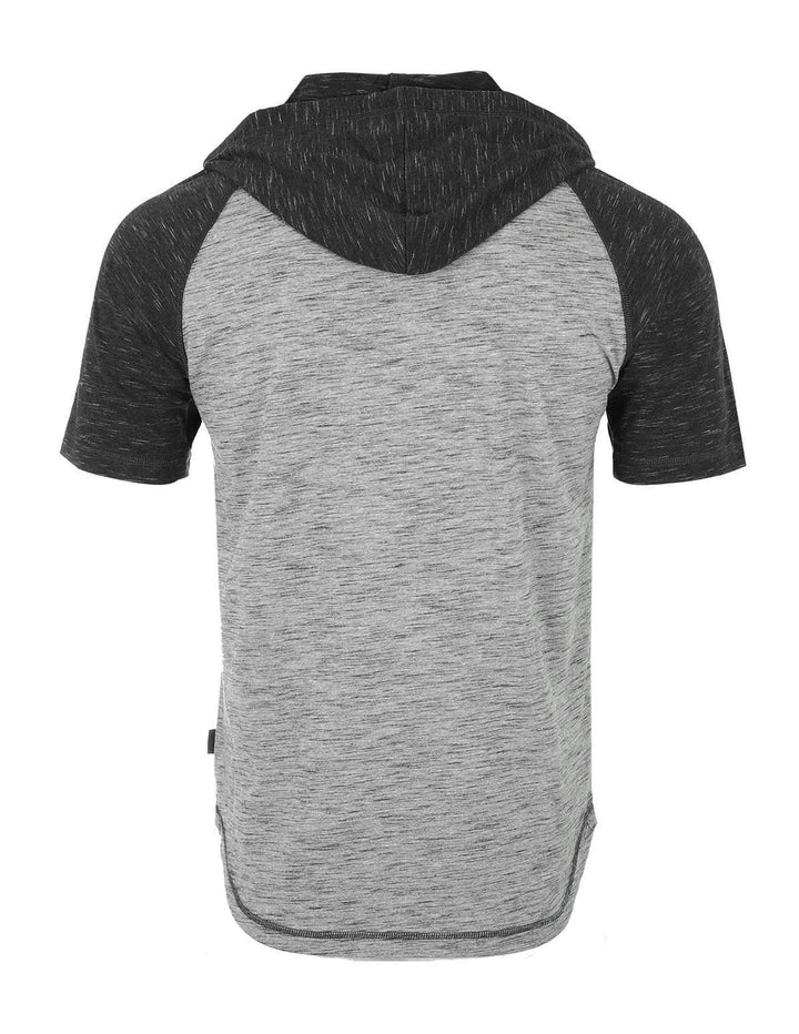 Short Sleeve Raglan Henley Hoodie Round Bottom Semi Longline T-Shirt