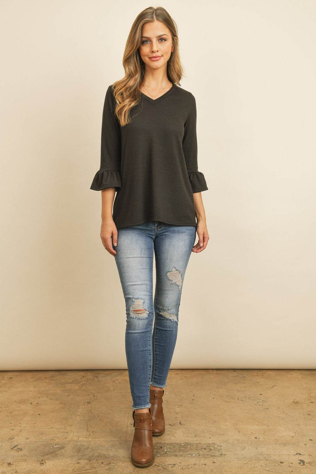 Solid Bell Sleeve V-Neck Top