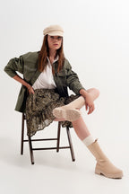 Green Chiffon Mini Skirt with Elastic Waistband and Shiny Fabric