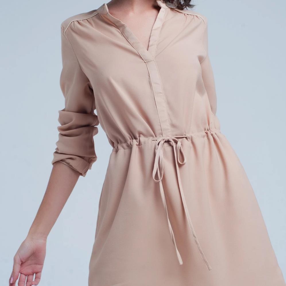 Beige Tie Waist Shirt Mini Dress