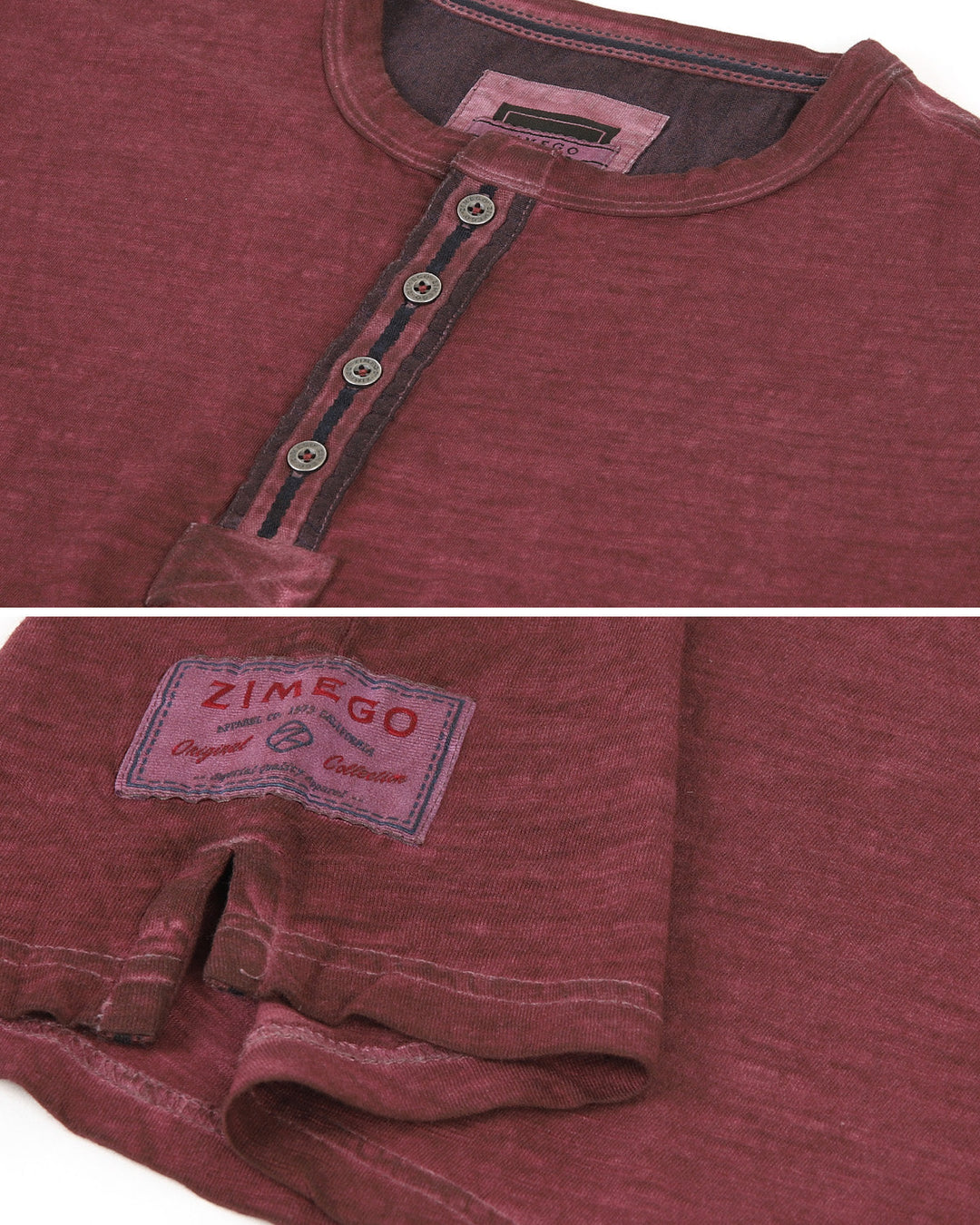 Maroon Short Sleeve Crew Neck Oil Wash Vintage Button Henley T-Shirt