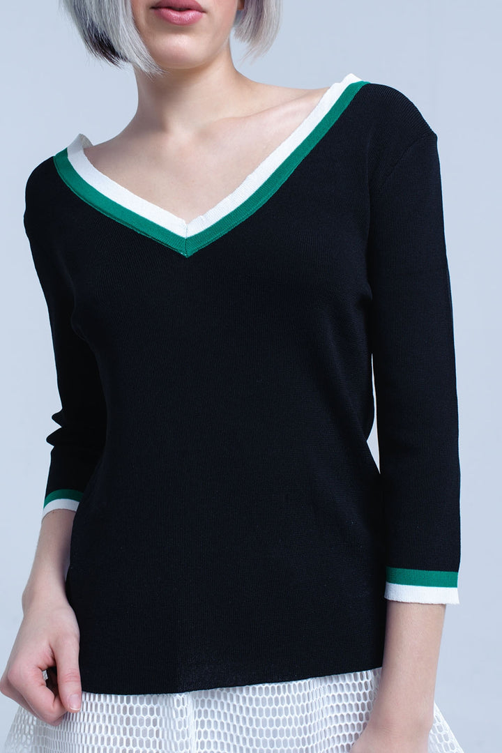 Black V-Neck Jersey with Green and White Contrast Trim