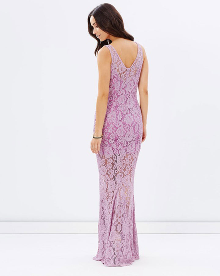 Lace Evening Cocktai Dress with Split Lavender