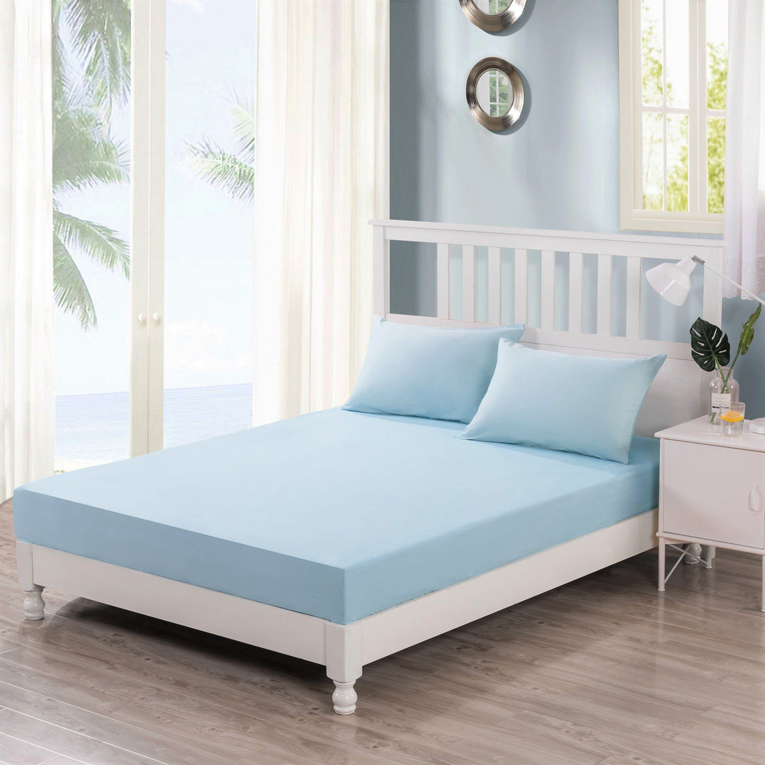 Sea-Foam Baby Blue 100% Cotton Fitted Bed Sheet & Pillow Cases Set