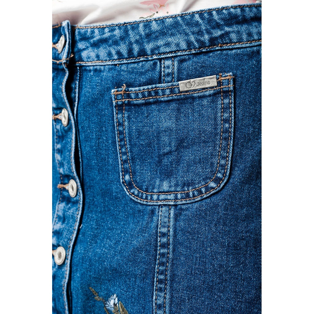Denim Skirt with Flower Embroidery and Front Buttons