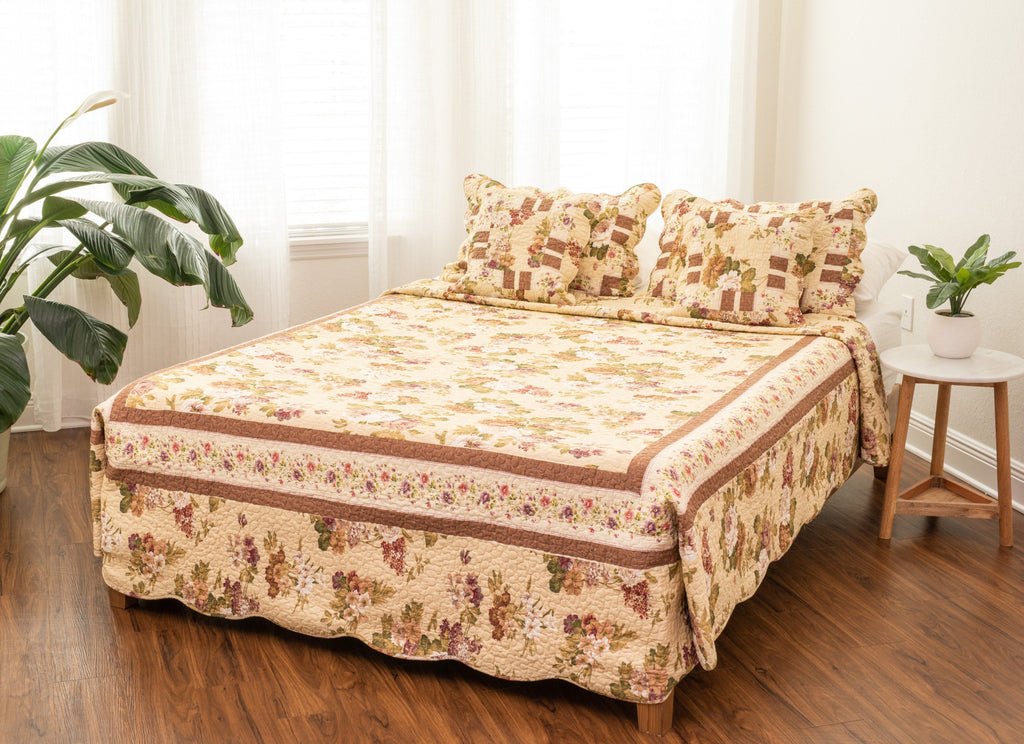 Dusty Roses Garden Floral Patchwork Cotton Quilted Bedspread Set