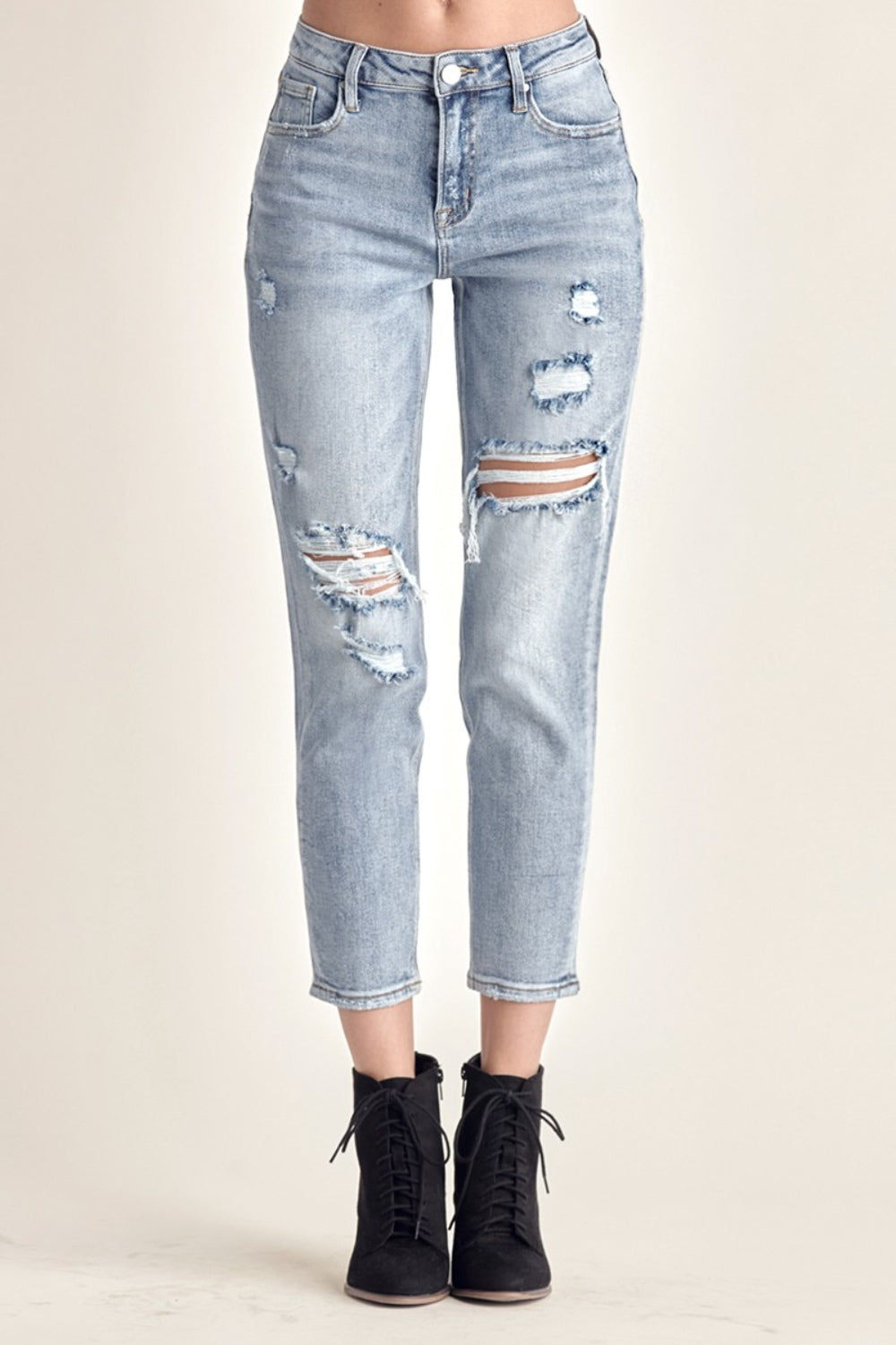 Mid Wash Distressed Slim Cropped Jeans